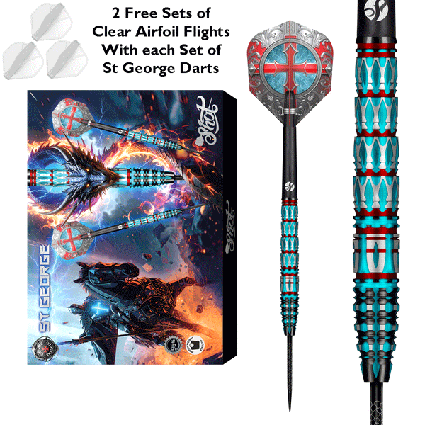 Shot Future Knights St George Steel Tip Dart Set-95% Tungsten Barrels-23gm Free 2 Sets of Airfoil