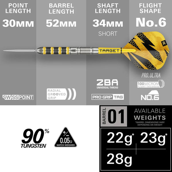 Target Buzz 01 Swiss Point 90% Tungsten Steel Tip Darts 23g